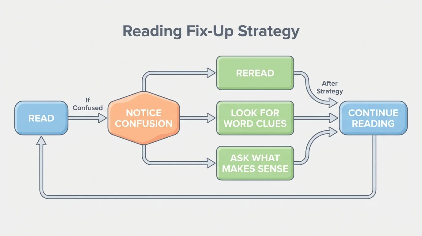 reading fix-up strategy flowchart with boxes for read, notice confusion, reread, look for word clues, ask what makes sense, and continue reading