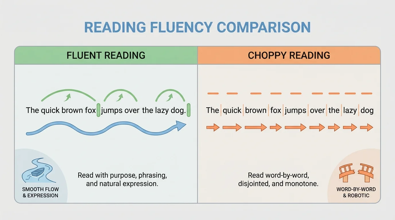 comparison chart showing fluent reading versus choppy reading with a short sentence, proper pauses, and expressive voice marks on one side and word-by-word robotic reading on the other