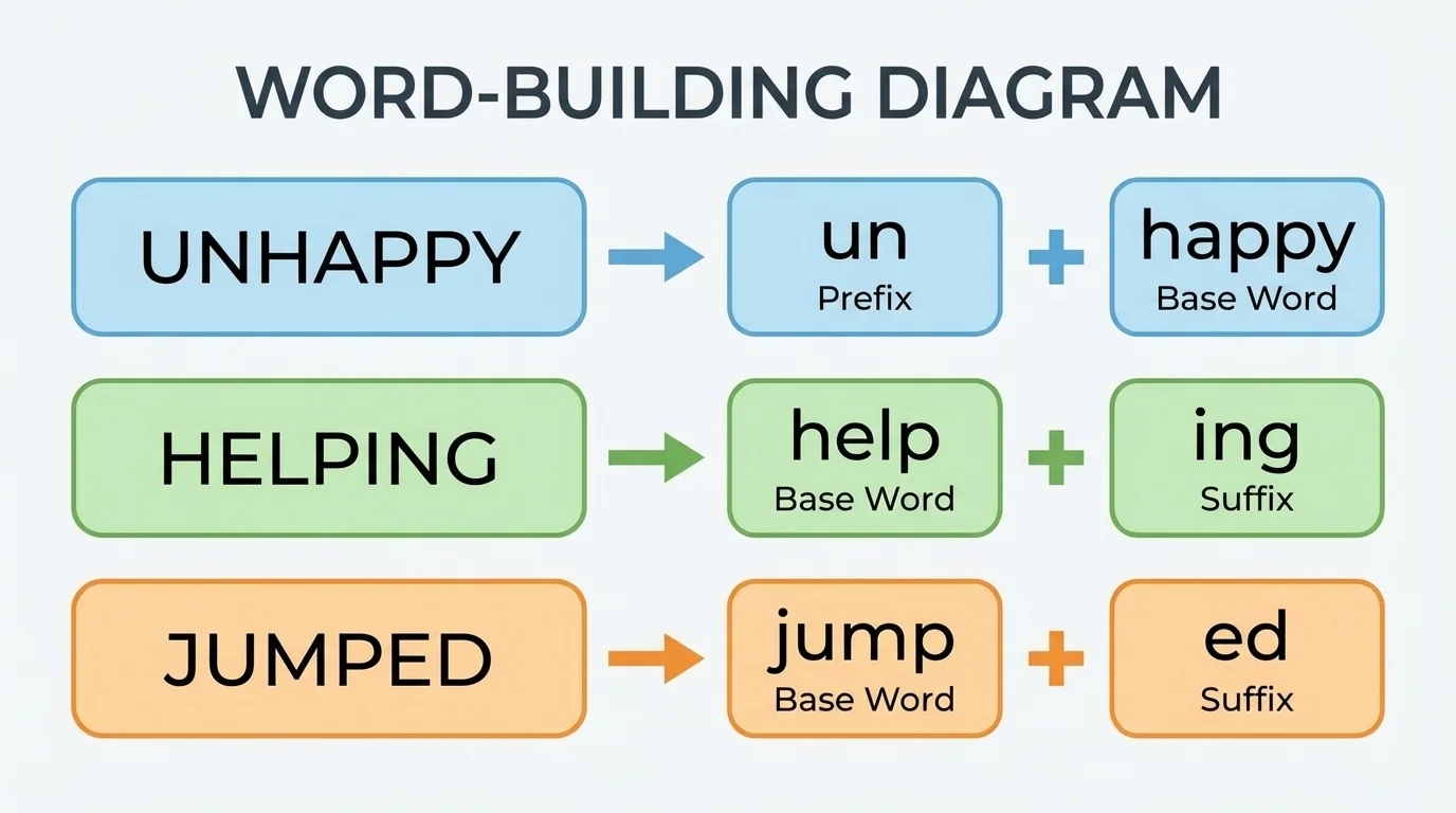 word-building diagram showing unhappy split into un + happy, helping split into help + ing, and jumped split into jump + ed with arrows and simple labels