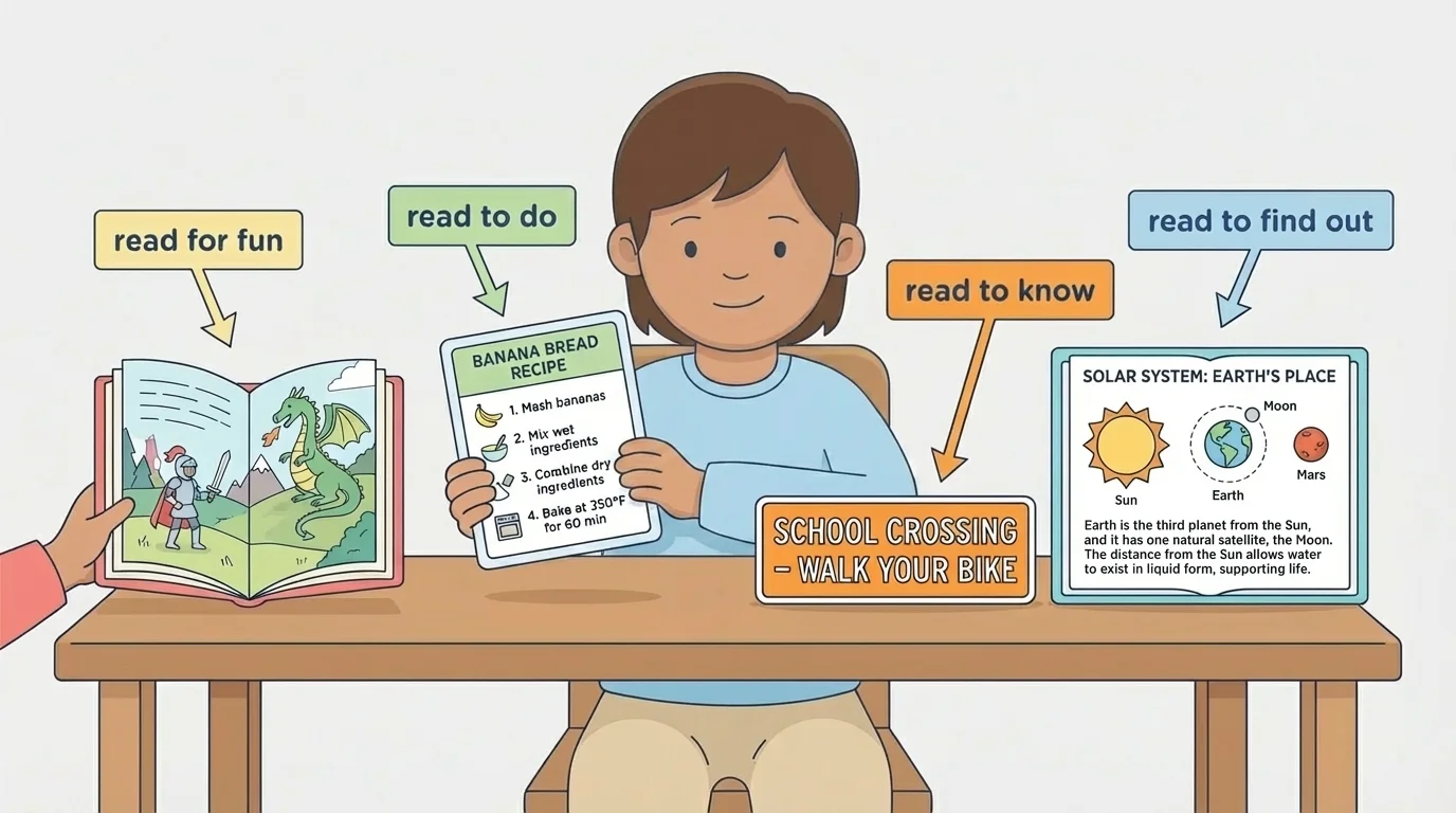 child reading a storybook, recipe card, road or school sign, and science page with simple labels showing read for fun, read to do, read to know, read to find out