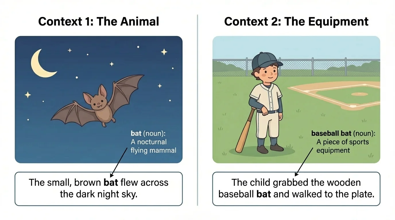 Two sentence scenes for the word 'bat': one bat flying at night and one baseball bat beside a child at a field