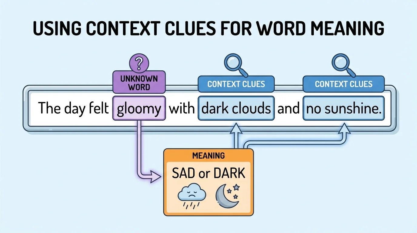 Sentence strip with the unknown word 'gloomy' and clue words 'dark clouds' and 'no sunshine' helping show it means sad or dark