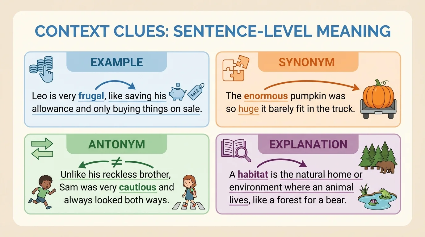 Simple chart showing four context clue types: example, synonym, antonym, and explanation, each with a short child-friendly sentence
