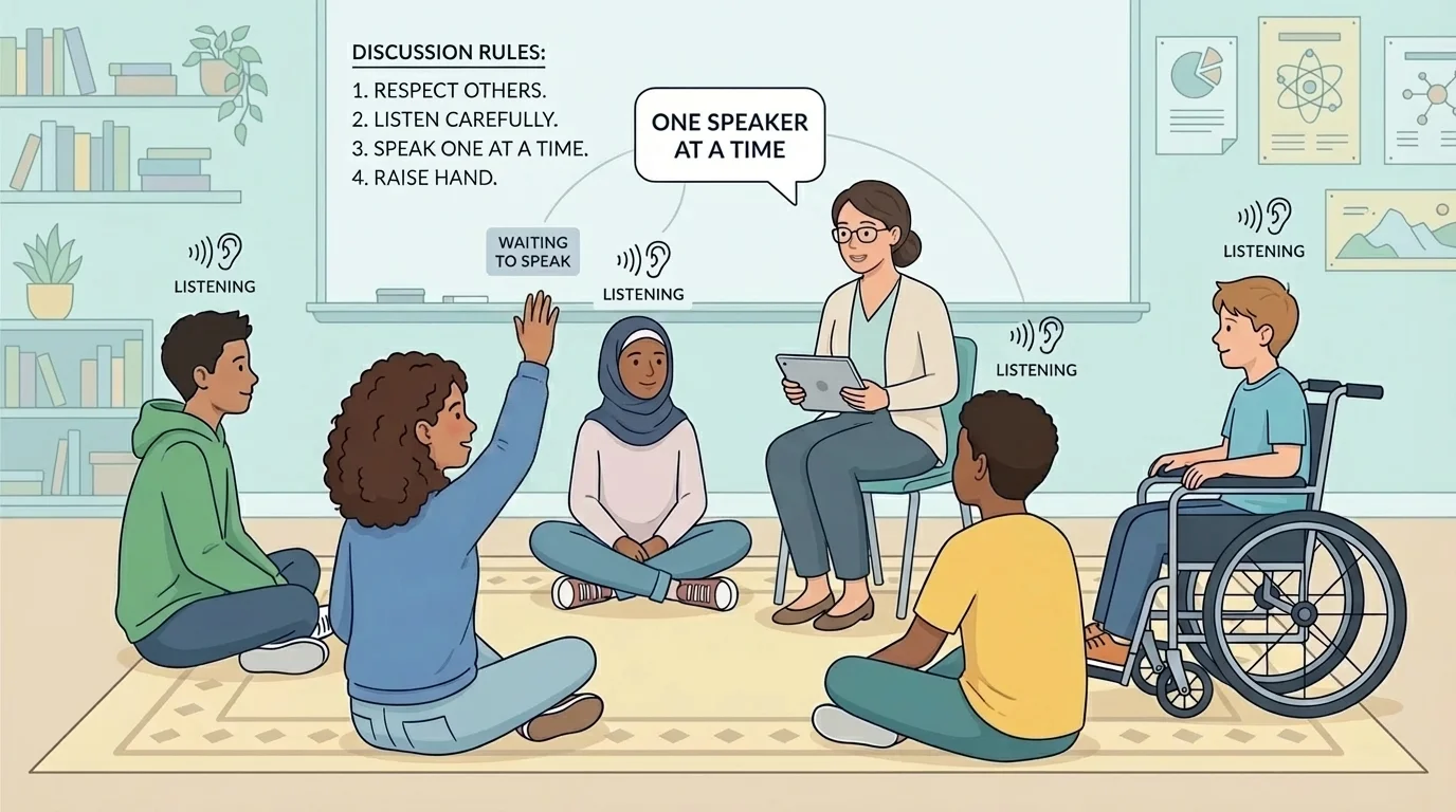 students sitting in a classroom circle, one child raising a hand to speak while others watch and wait respectfully