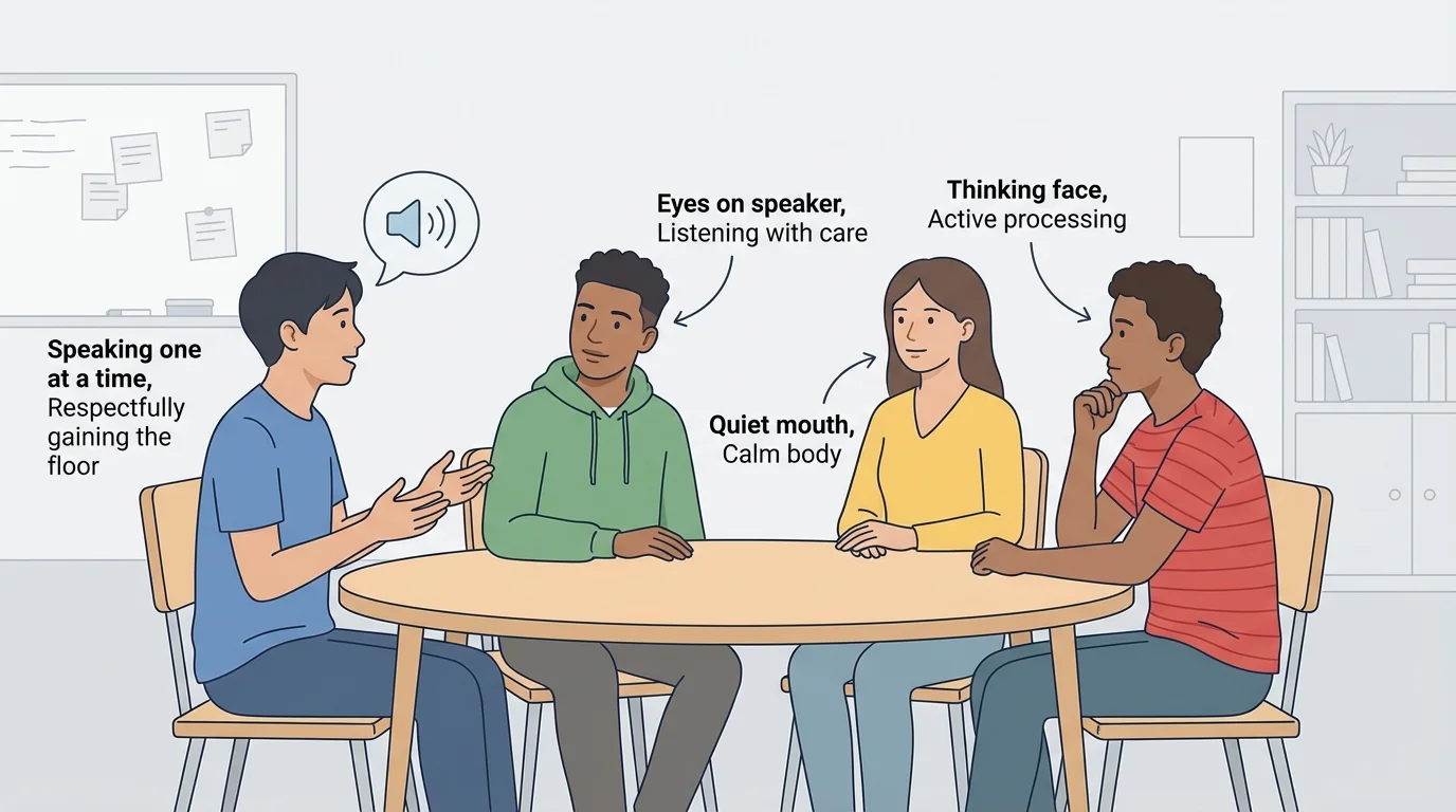 classroom discussion with one student speaking and three students showing active listening behaviors like eyes on speaker, quiet mouth, calm body, thinking face