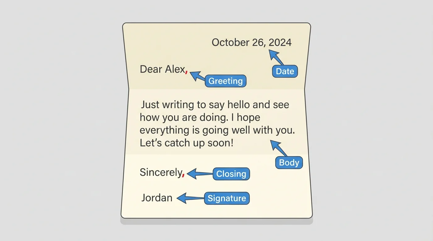 Labeled friendly letter with arrows pointing to date, greeting, body, closing, and signature