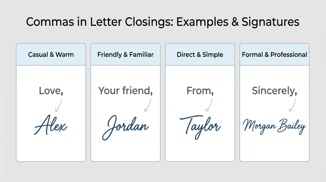 Chart with closing examples Love, Your friend, From, and Sincerely, each followed by a signature on the next line
