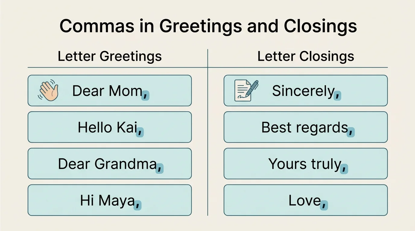 Chart with greeting examples Dear Mom, Hello Kai, Dear Grandma, and Hi Maya, each showing the comma at the end