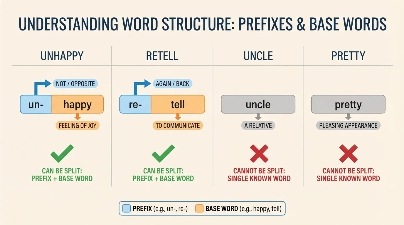 chart comparing unhappy and retell with uncle and pretty, marking which can be split into prefix plus base word