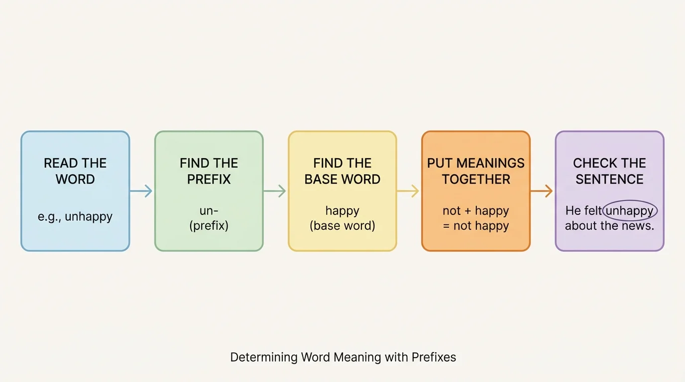 flowchart with boxes read the word, find the prefix, find the base word, put meanings together, check the sentence