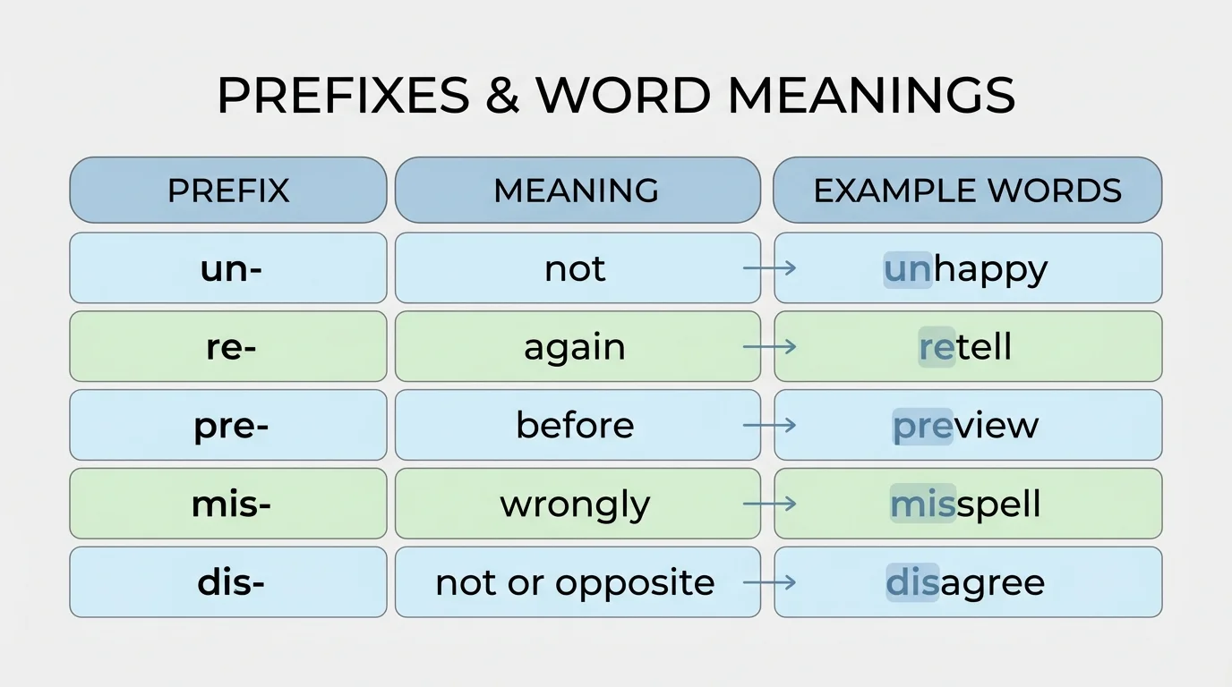 chart with columns for prefix, meaning, and example words un-/not, re-/again, pre-/before, mis-/wrongly, dis-/not or opposite