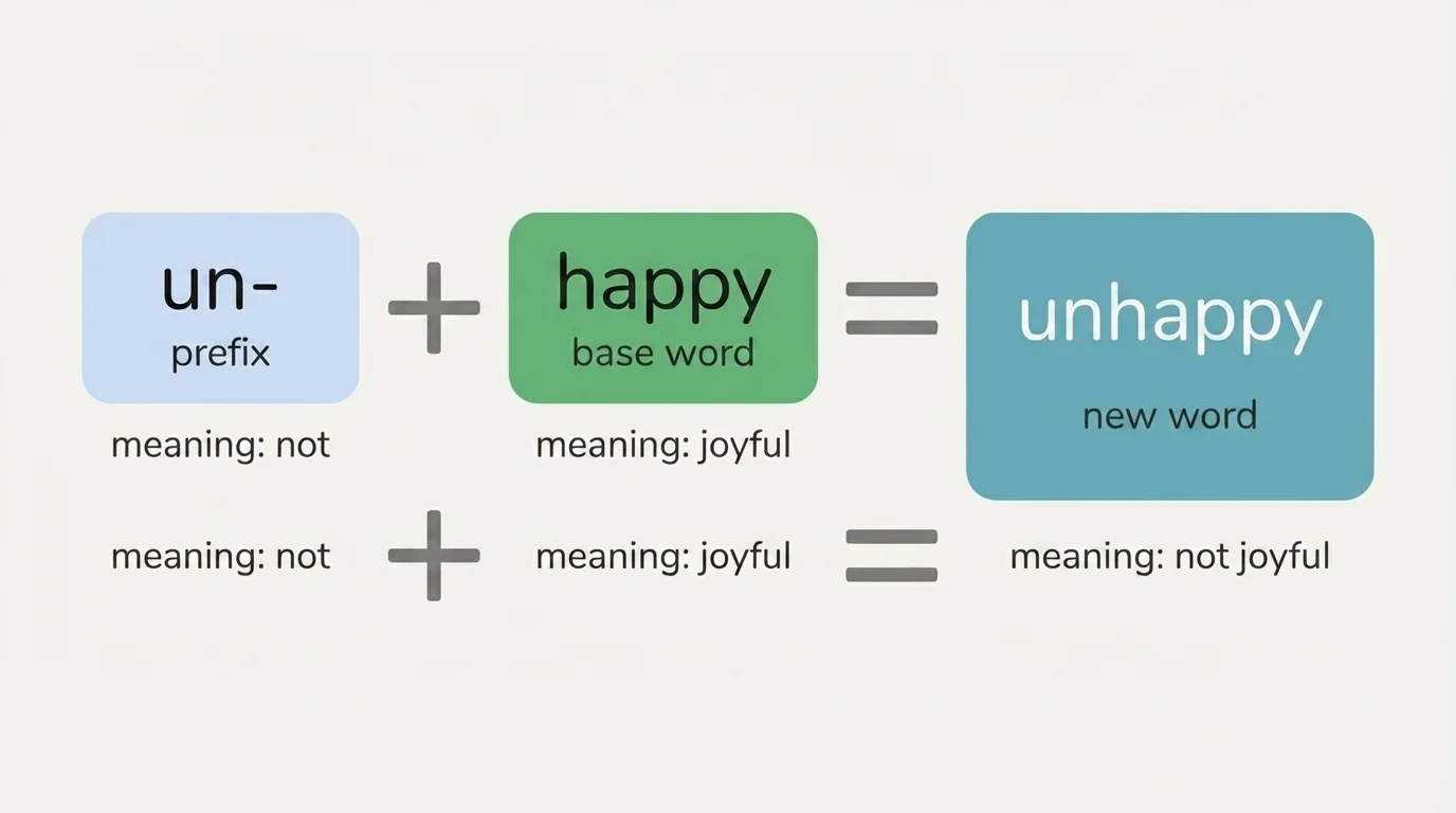 diagram showing base word happy, prefix un-, and new word unhappy with arrows and simple meaning labels