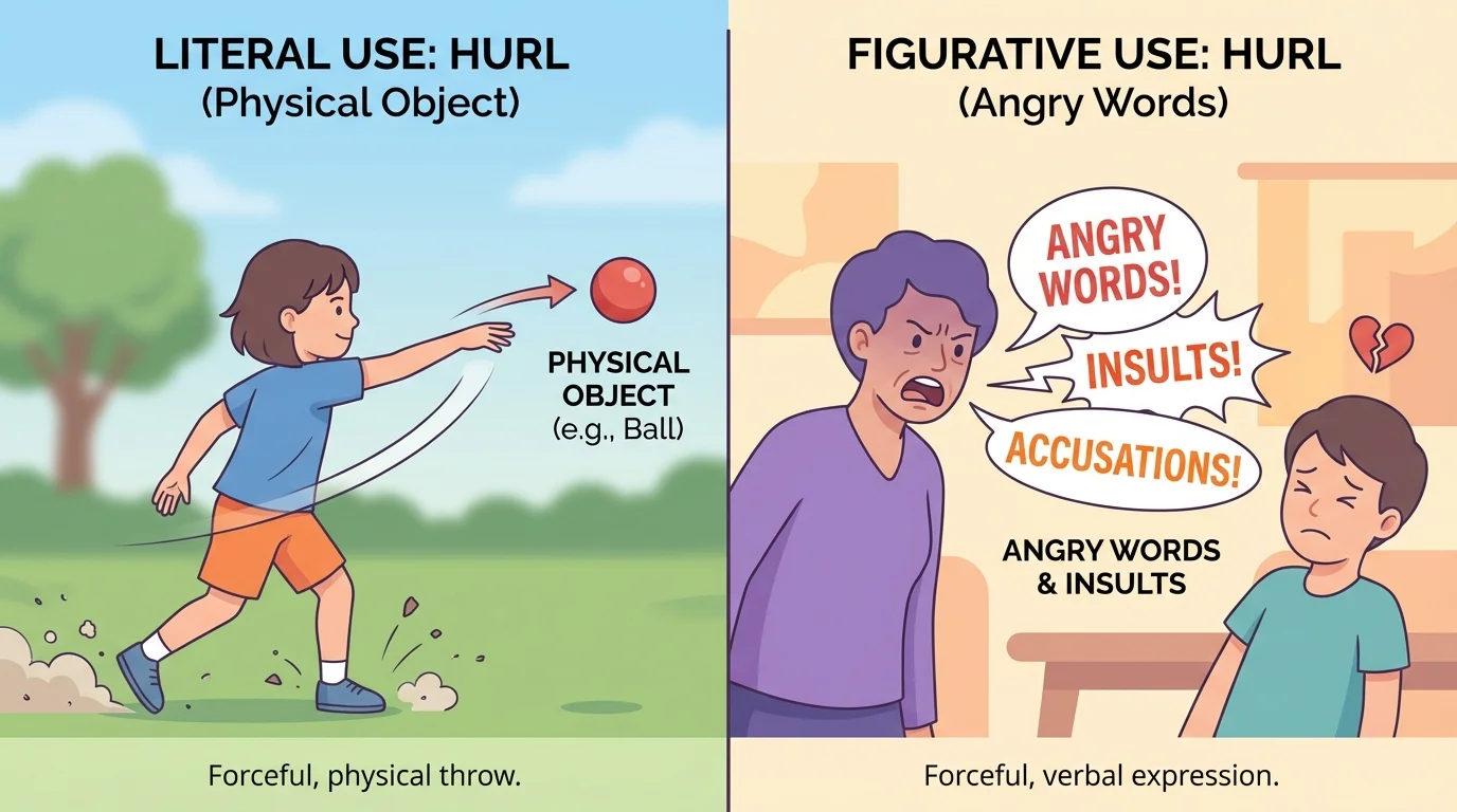 split scene with one side showing a child forcefully throwing a ball and the other side showing a character speaking angry words to another person, to compare literal and figurative use of hurl