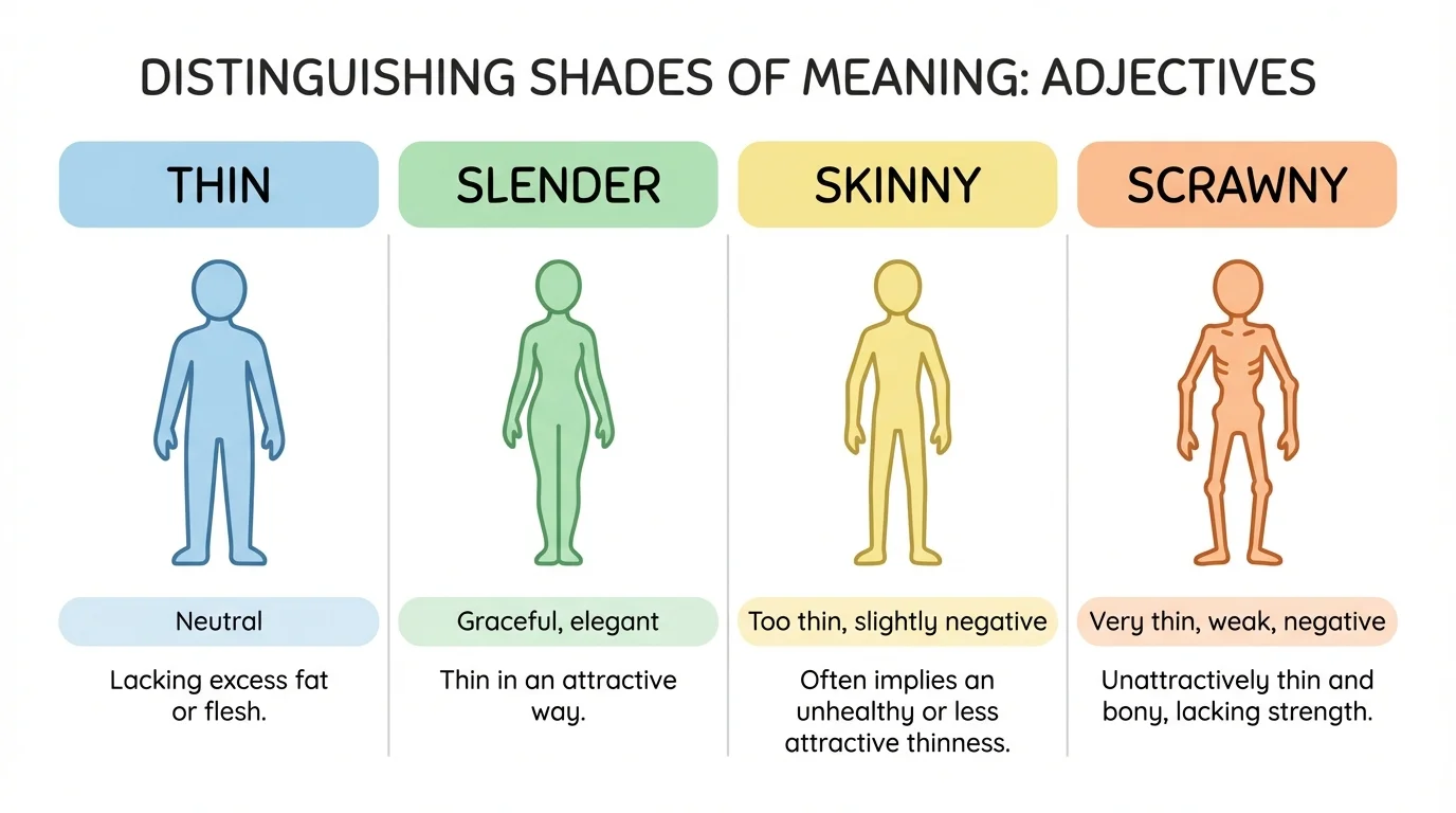 simple four-column comparison chart for thin, slender, skinny, and scrawny using small child-friendly icons and short labels for neutral, graceful, too thin, and very thin/weak