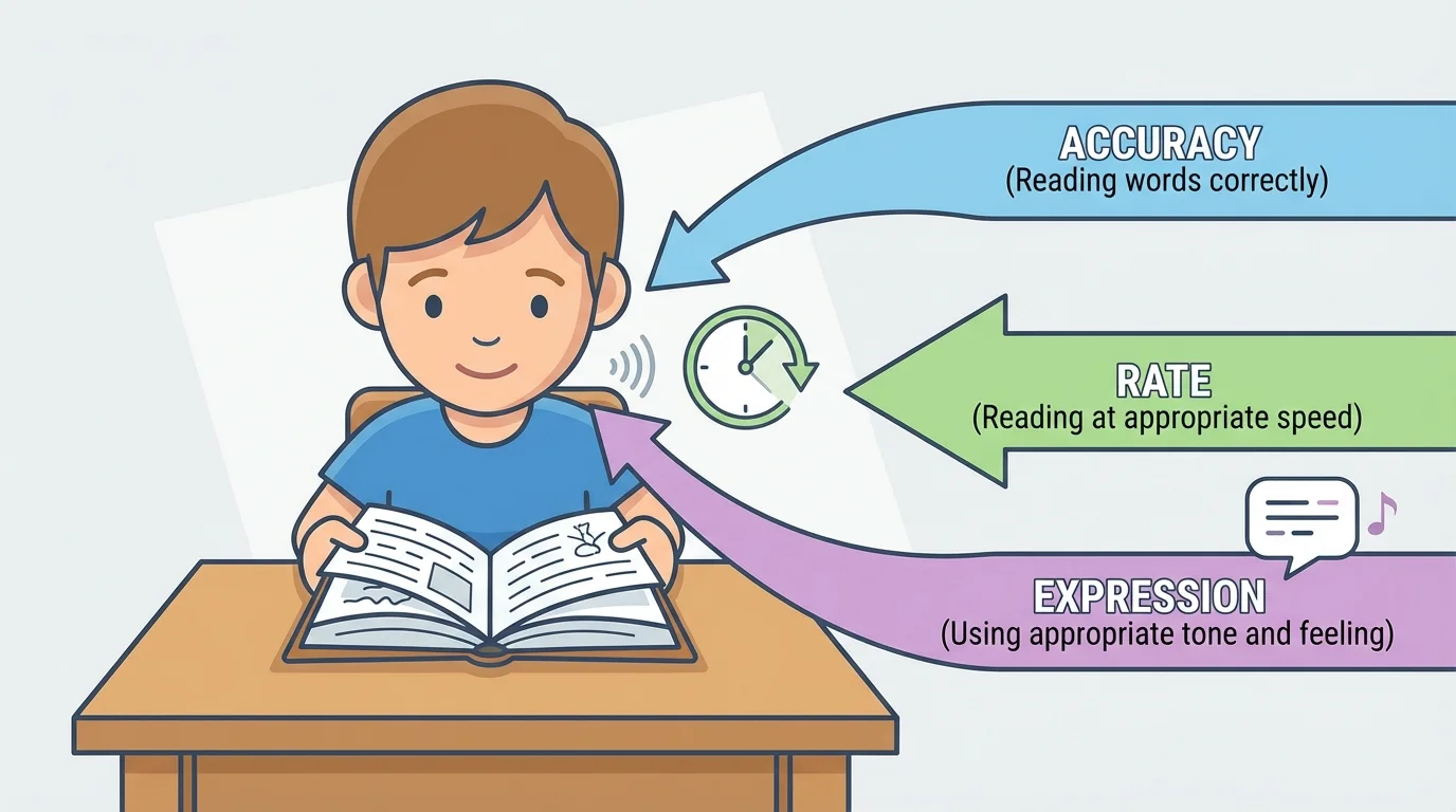 child reading a book with three labeled arrows for accuracy, rate, and expression