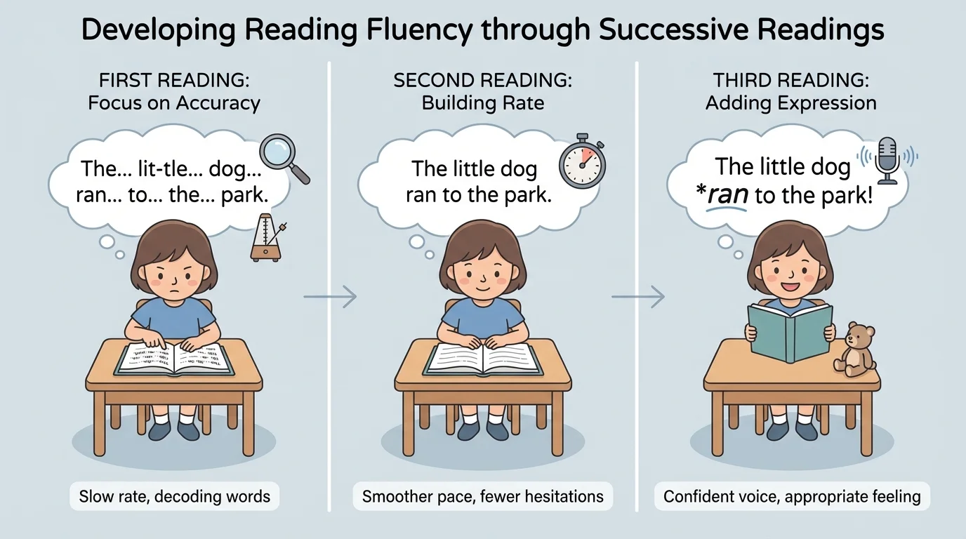 three-panel scene of the same child reading the same passage first slowly, then smoother, then confidently