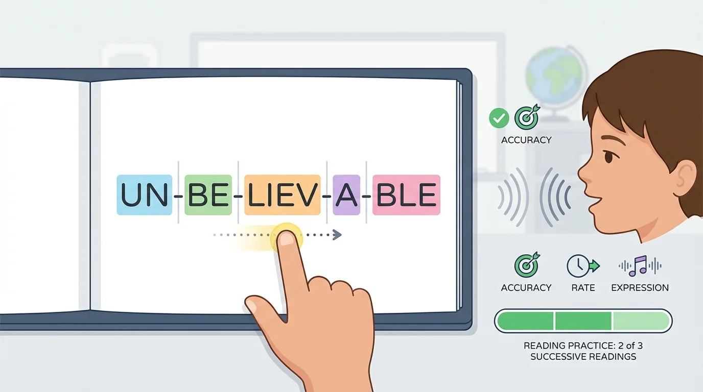 word broken into chunks and meaningful parts, with a student tracking each part while reading aloud