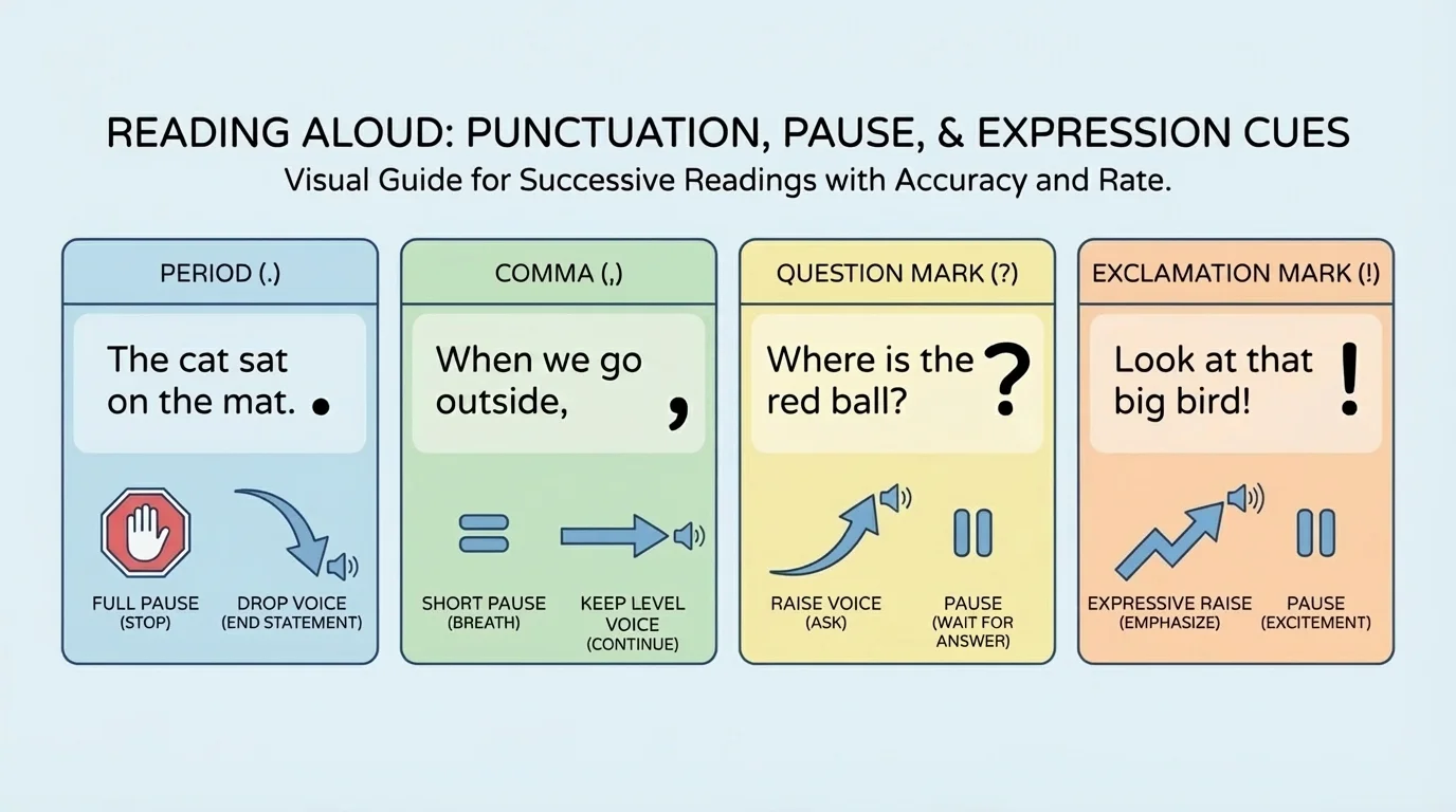 short sentences with period, comma, question mark, and exclamation mark, with pause and voice cues