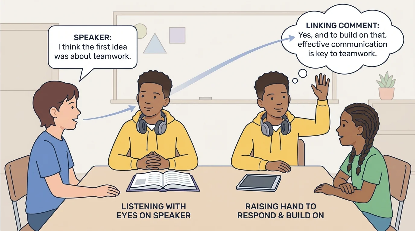 Classroom scene showing a child listening with eyes on speaker, hands still, and then raising a hand to respond