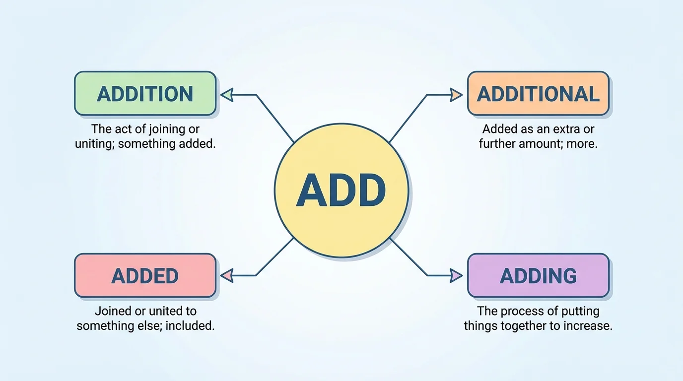 chart showing the root word add in the center with connected words addition, additional, added, adding and short meaning labels