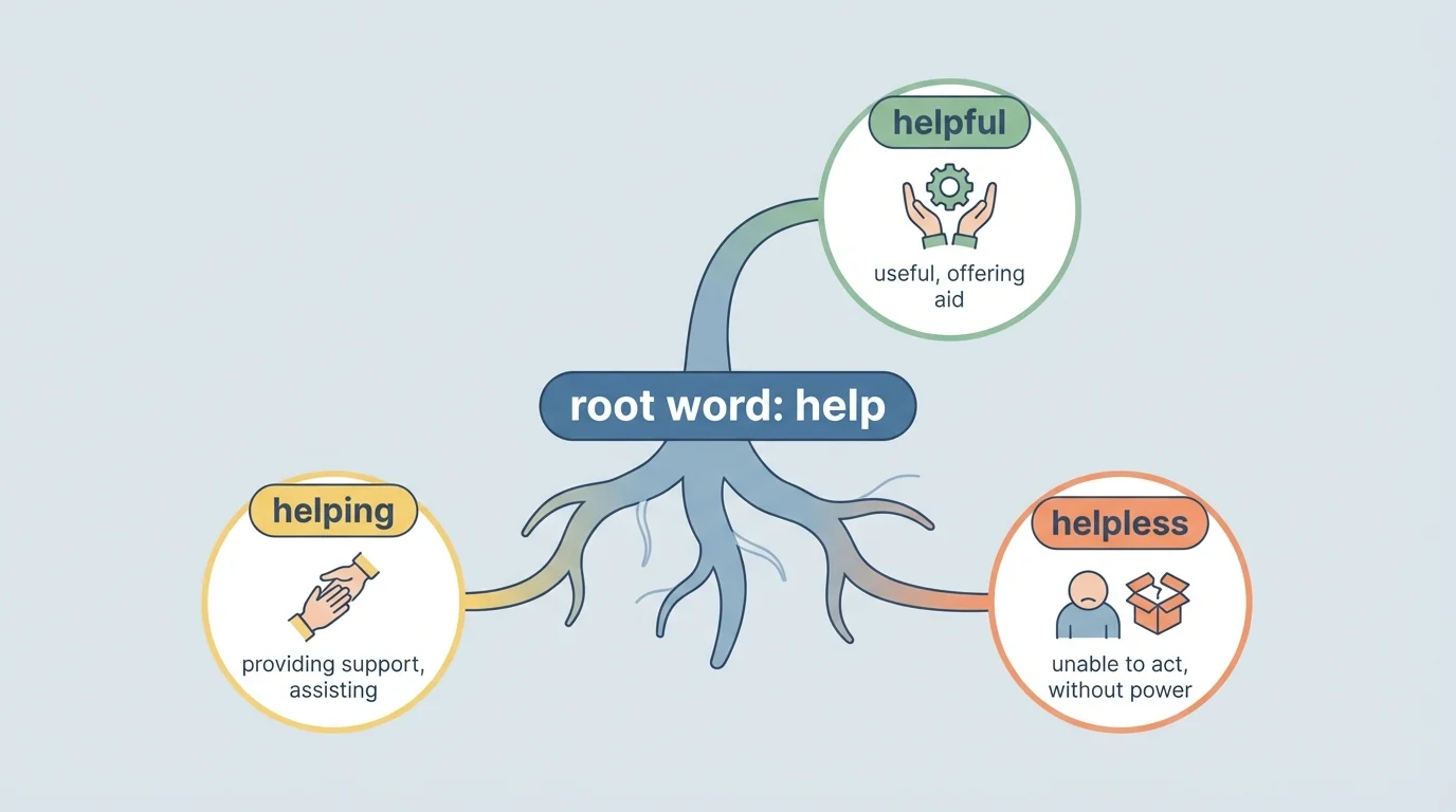 diagram with root help and branches to helpful, helpless, helping, each with a small icon showing meaning