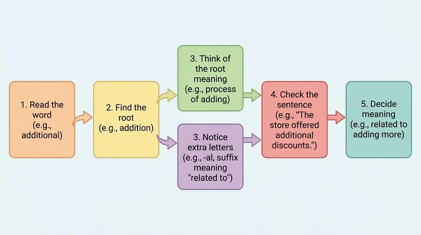 flowchart showing read the word, find the root, think of the root meaning, notice extra letters, check the sentence, decide meaning