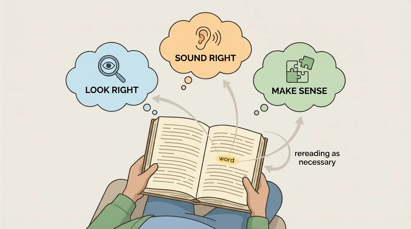 reader with book and three simple thought bubbles labeled look right, sound right, make sense