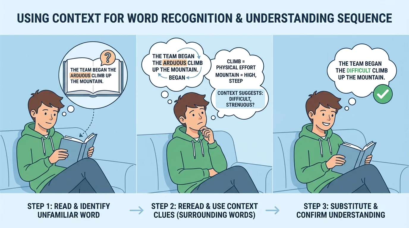 three-panel sequence of a student reading, pausing at a confusing word, then rereading and understanding the sentence