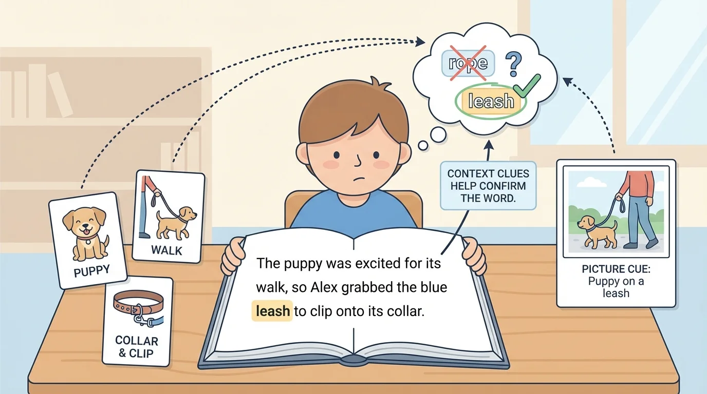 child reading a sentence about a puppy with nearby clue words and picture cues showing how context helps choose the word "leash" instead of a wrong guess