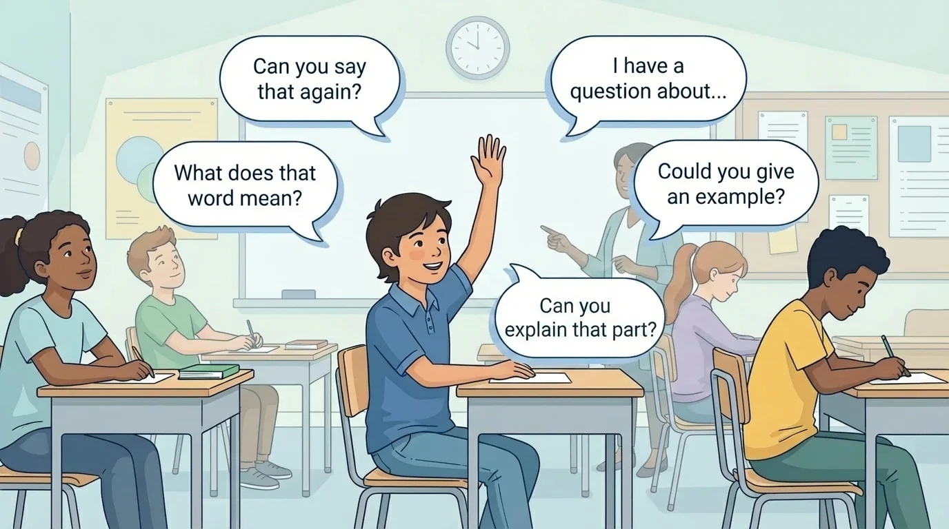 classroom illustration of a child raising a hand and speech bubbles with short question starters like "Can you say that again?" and "What does that word mean?"