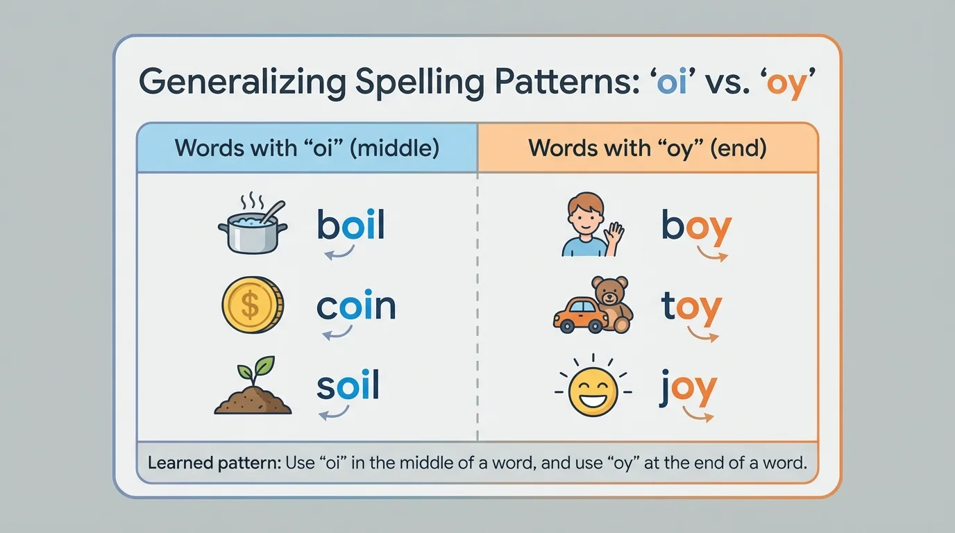comparison chart with words using oi in the middle and oy at the end, including boil, coin, soil, boy, toy, joy