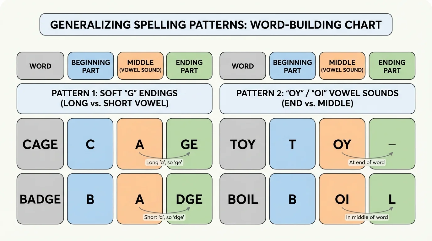 labeled word-building chart breaking words like badge, cage, boil, and toy into beginning, middle, and ending parts