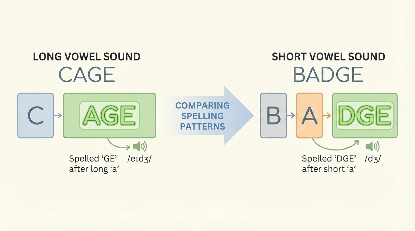 side-by-side word-part diagram showing cage and badge with shared age chunk highlighted and added b and d sounds