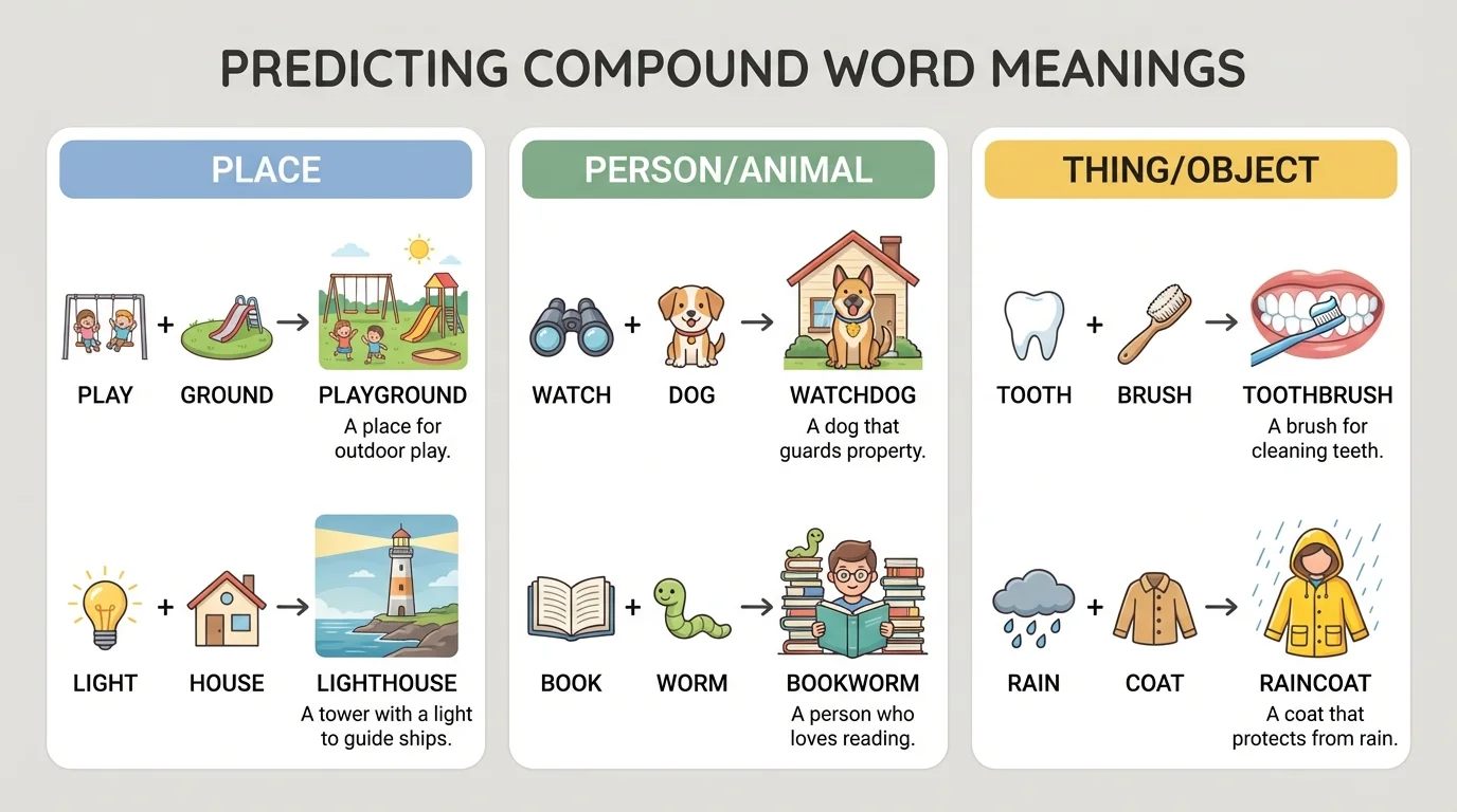 Illustration with three or four groups labeled "Place", "Person/Animal", "Thing/Object", each with 1–2 compound words and small icons (e.g., playground with kids, watchdog with a dog, toothbrush with teeth).