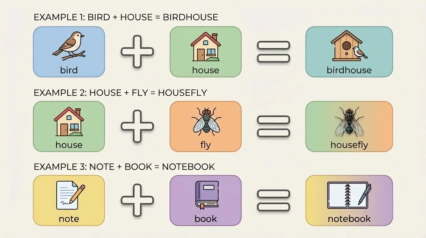 Three compound words (birdhouse, housefly, notebook), each split into two labeled boxes with arrows: bird + house, house + fly, note + book. Simple icons: a bird and a house, a house and a fly, a note and a book.