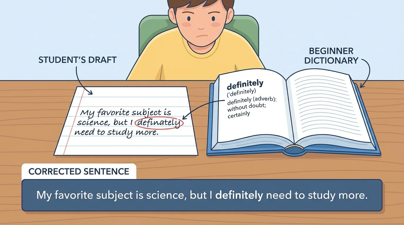student at a desk rereading a short draft with one misspelled word circled, an open beginner dictionary beside the paper, and a corrected sentence shown below