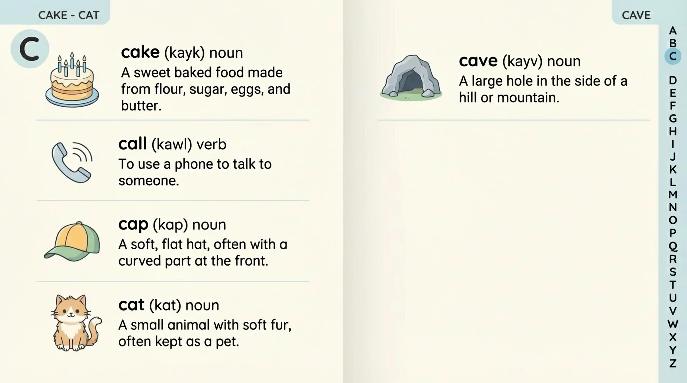 child-friendly dictionary page with short guide words and sample entries in alphabetical order such as cake, call, cap, cat, with clear ABC organization