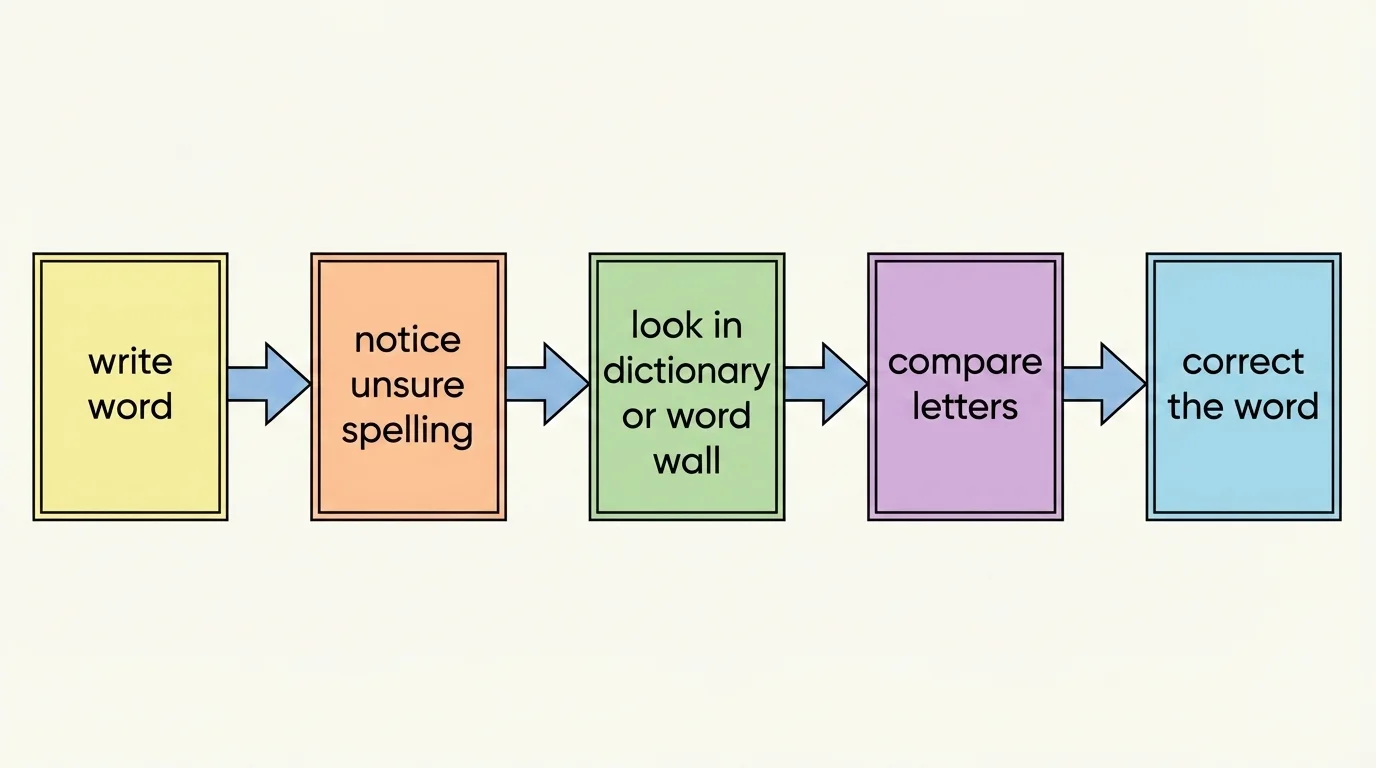 simple spelling-check flowchart with boxes labeled write word, notice unsure spelling, look in dictionary or word wall, compare letters, correct the word