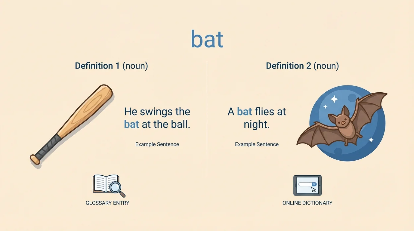 The word bat shown with a baseball bat and a flying bat, each next to a simple sentence using that meaning