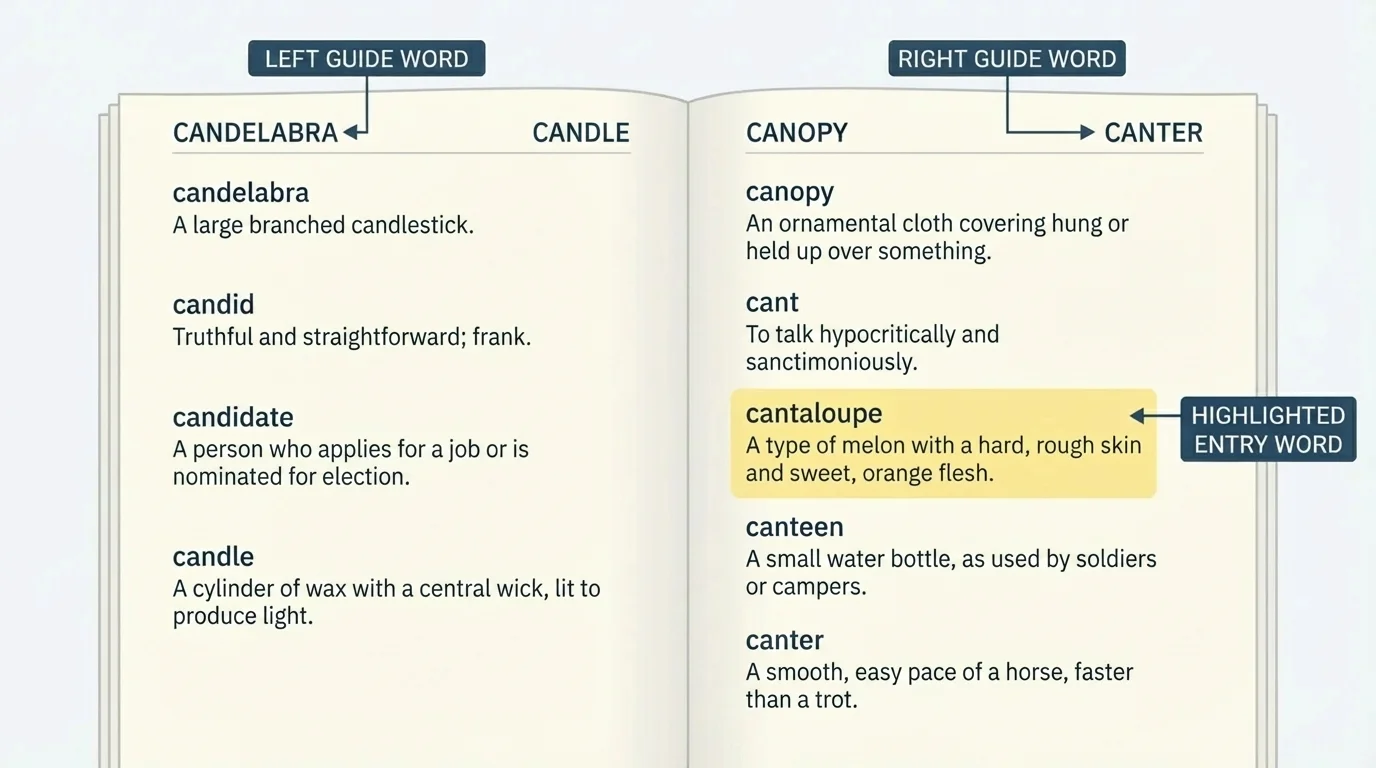 Two open dictionary pages showing guide words at the top and a highlighted entry word between them