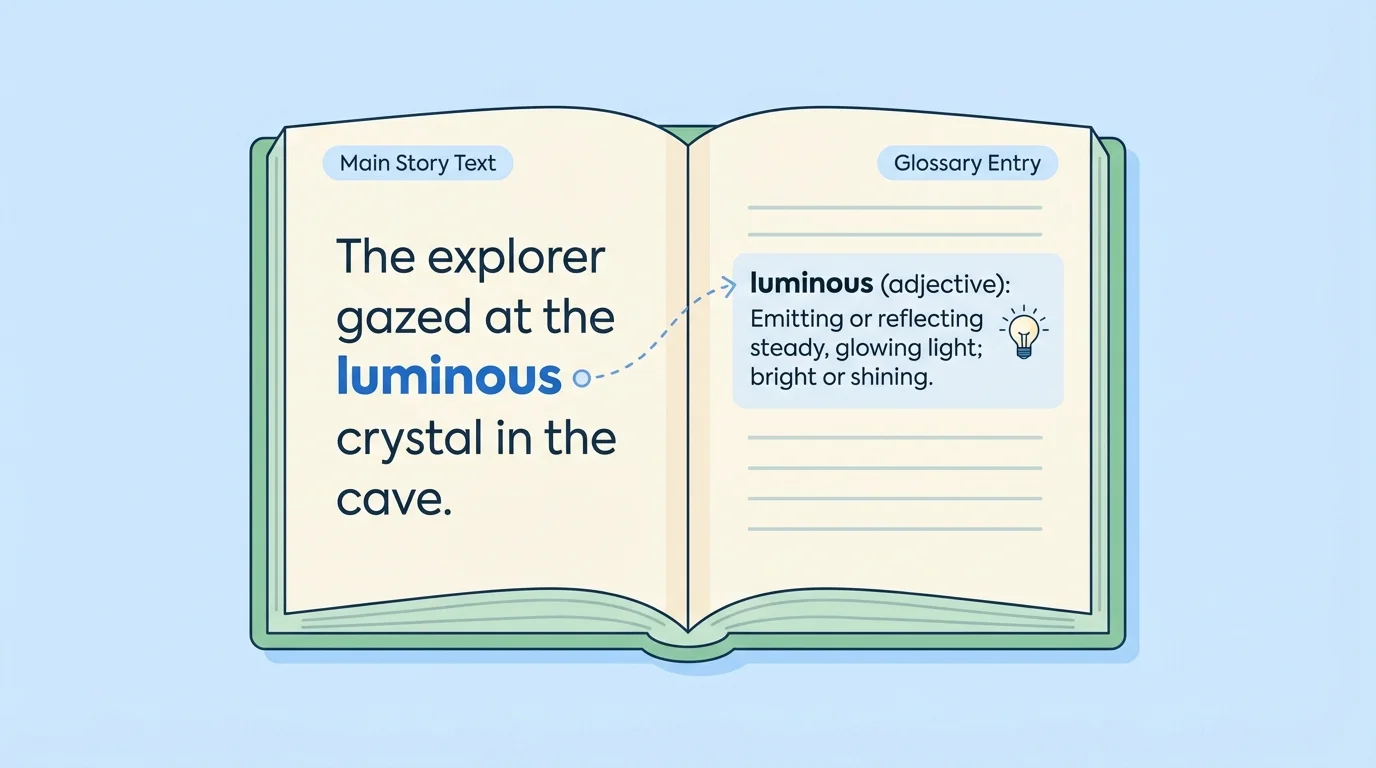 Book opened to a back-page glossary with a story word in bold in the main text and matching glossary entry on another page