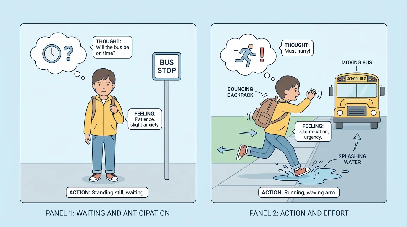 child running to catch a bus, first standing still in one small panel and then backpack bouncing, shoes splashing, arm waving in a second panel