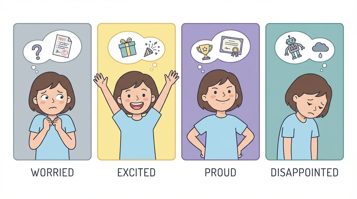 four small scenes of one child looking worried, excited, proud, and disappointed with matching posture and face