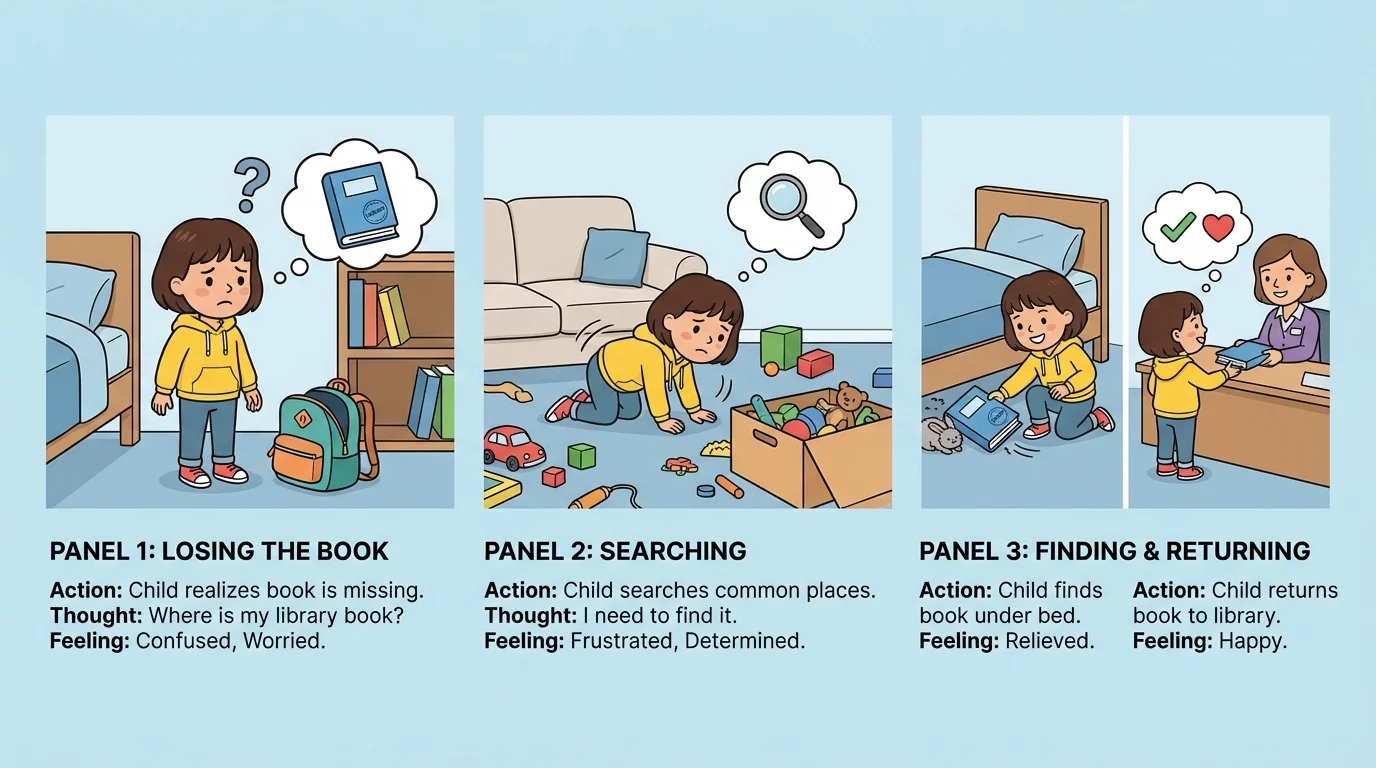 three-panel story of a child losing a library book, searching for it, and finding it under a bed before returning it happily