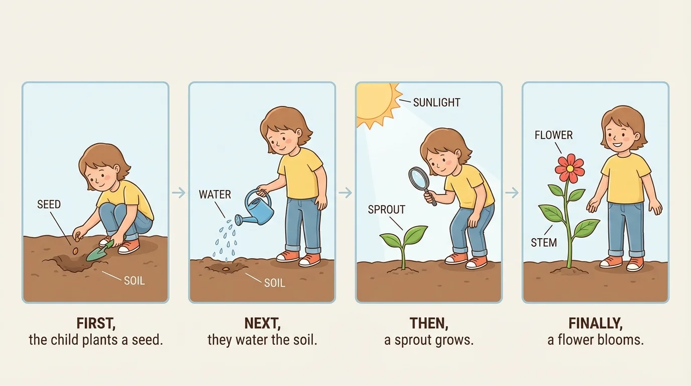 Four-panel sequence of a child planting a seed, watering it, watching a sprout grow, and seeing a flower bloom, each panel showing event order