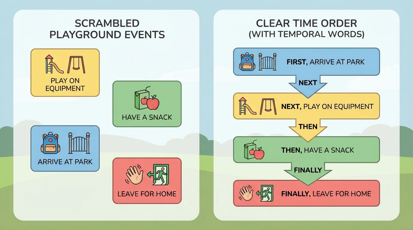 Side-by-side chart showing scrambled playground events on one side and the same events in clear time order on the other