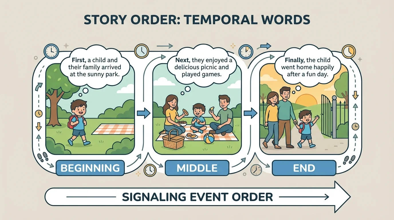 Three-part story path labeled beginning, middle, and end, ending with a child going home happily after a picnic