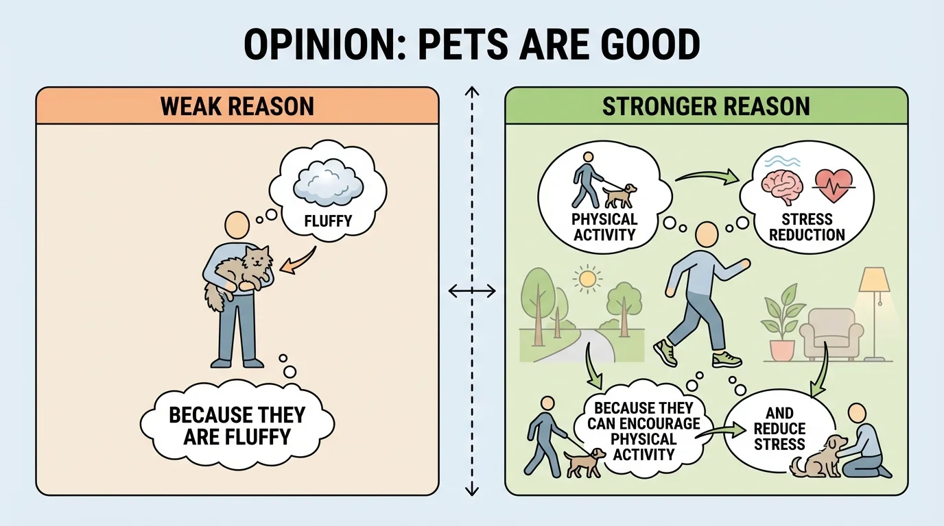 side-by-side comparison of a weak reason and a stronger reason with added details for an opinion about pets or recess