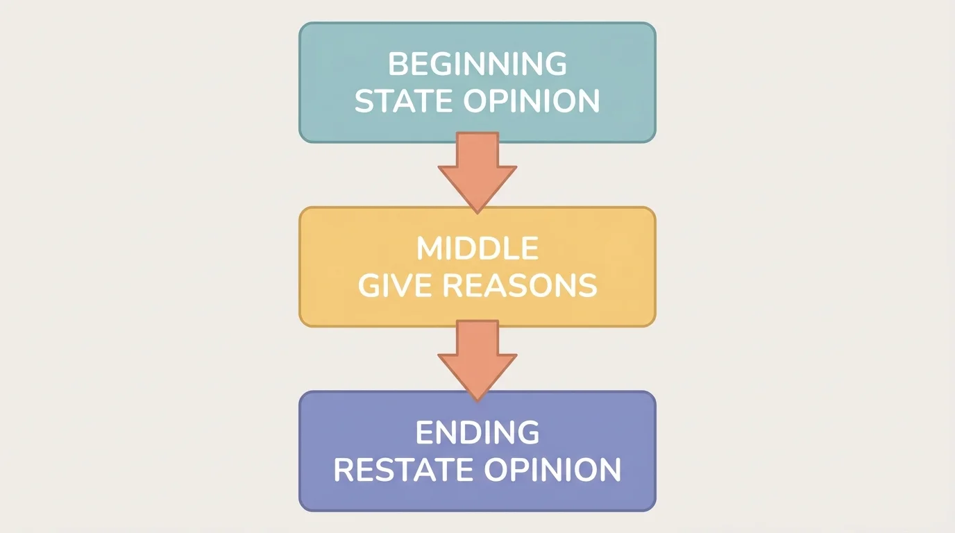 three-box flowchart labeled beginning state opinion, middle give reasons, ending restate opinion with arrows from top to bottom