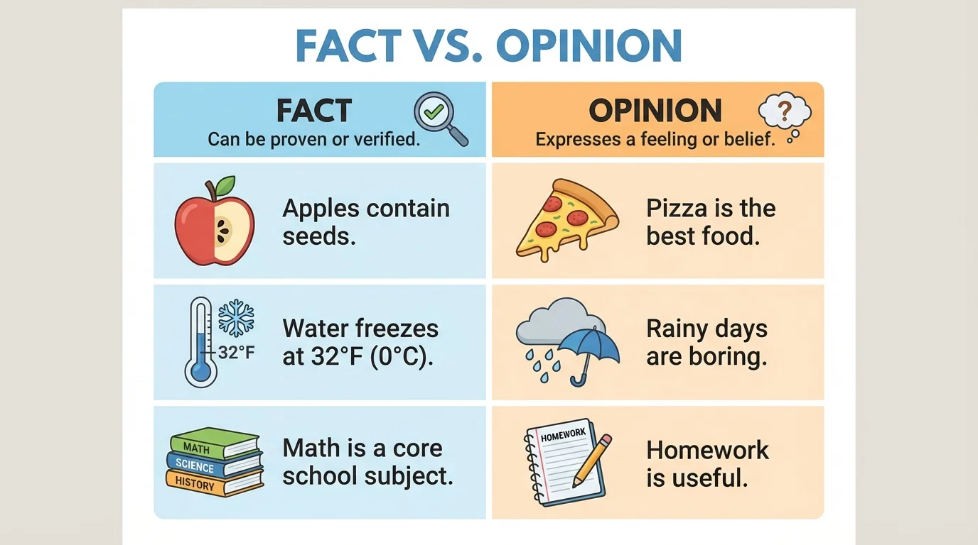 two-column classroom chart with simple examples of opinion sentences and fact sentences about food, weather, and school